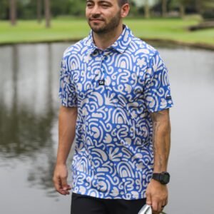CA Funky Golf Shirt | Blue & Beige Squiggles