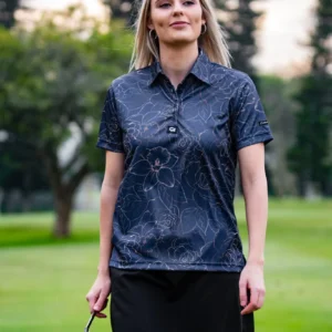 CA Ladies Funky Golf Shirt | Navy/Gold Roses