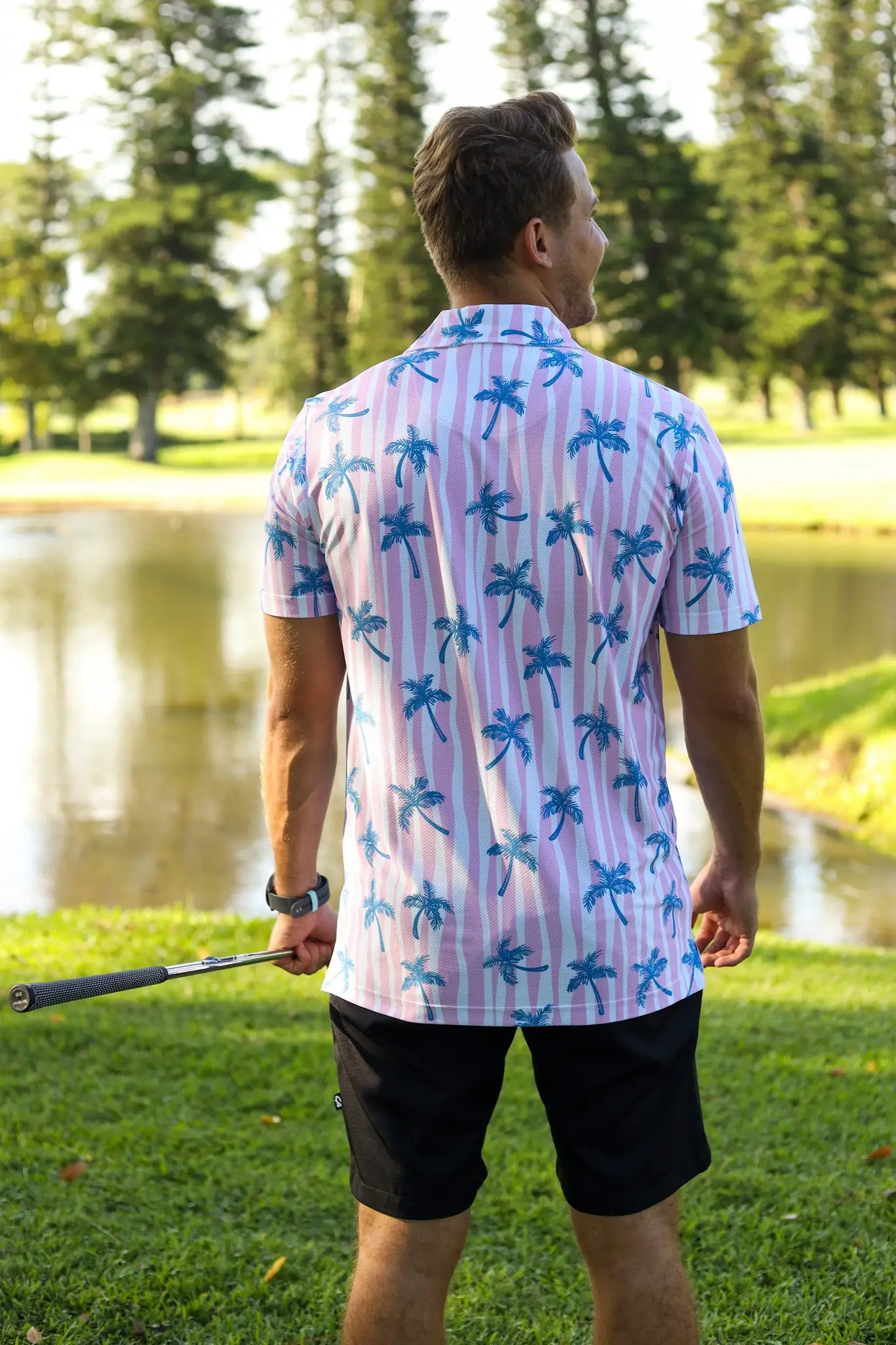CA Airdry Golf Shirt | Pink Palm Stripes - Image 3