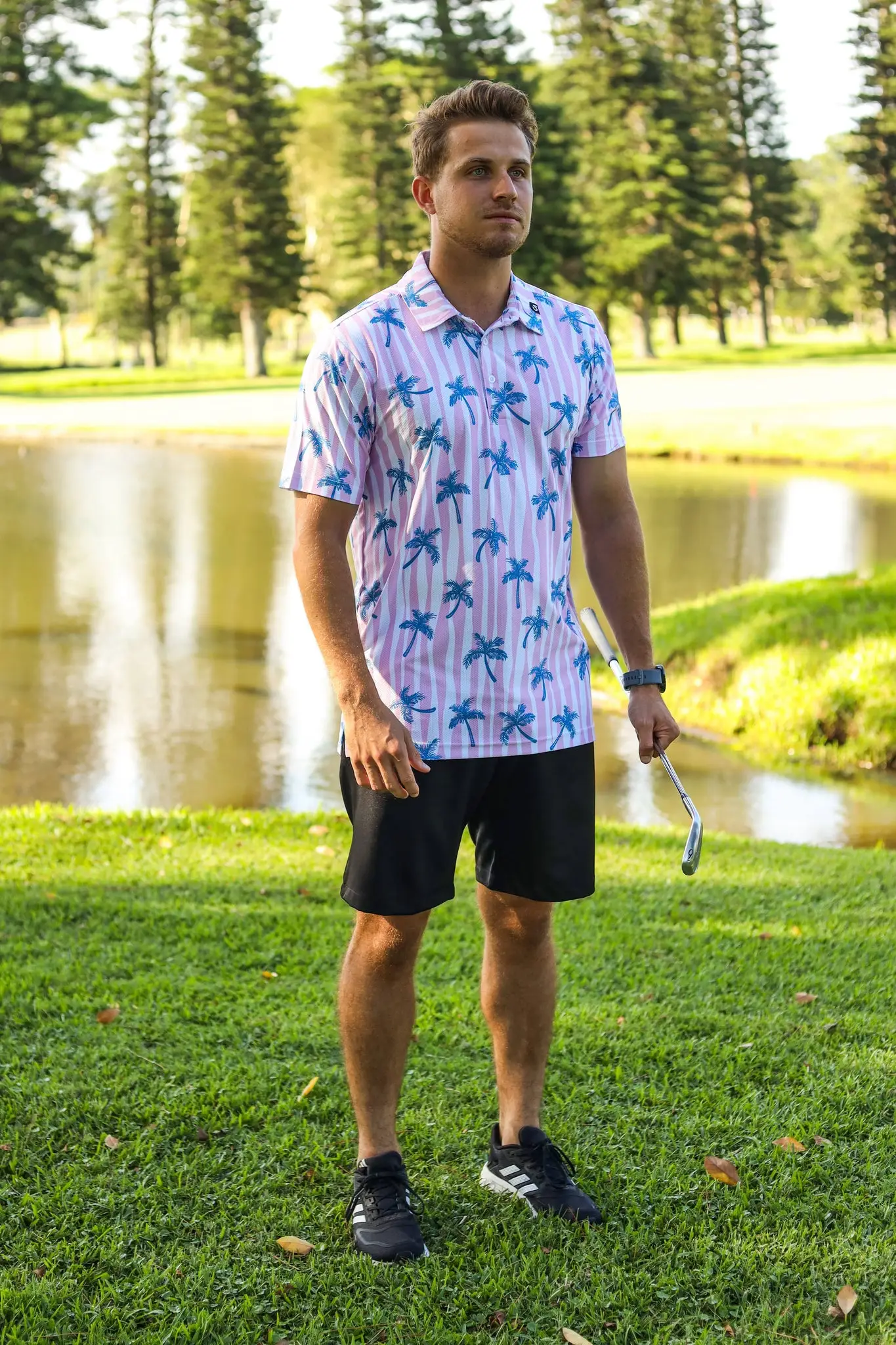 CA Airdry Golf Shirt | Pink Palm Stripes - Image 4